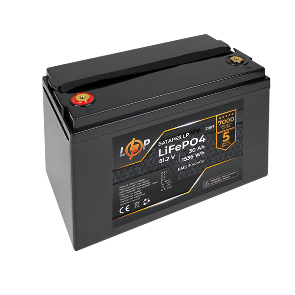 Аккумулятор LP LiFePO4 51,2V - 30 Ah (1536Wh) (BMS 80A/40А) пластик 21197 фото