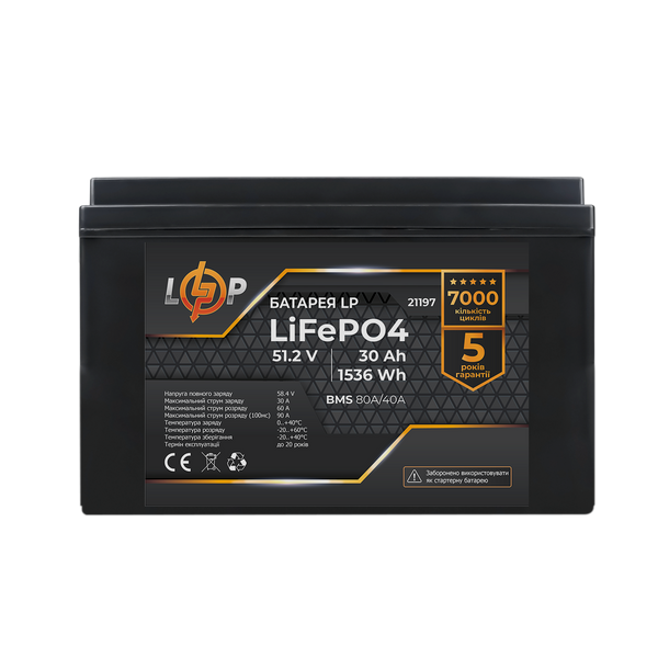 Аккумулятор LP LiFePO4 51,2V - 30 Ah (1536Wh) (BMS 80A/40А) пластик 21197 фото