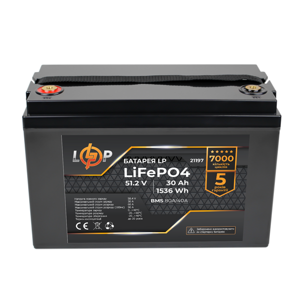 Аккумулятор LP LiFePO4 51,2V - 30 Ah (1536Wh) (BMS 80A/40А) пластик 21197 фото