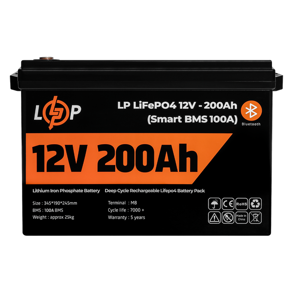 Акумулятор LP LiFePO4 12V (12,8V) - 200 Ah (2560Wh) (Smart BMS 100А) з BT пластик для ДБЖ 20198 фото