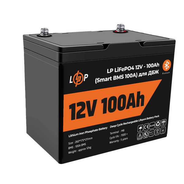 Акумулятор LP LiFePO4 12V (12,8V) - 100 Ah (1280Wh) (Smart BMS 100А) з BT пластик для ДБЖ 20197 фото