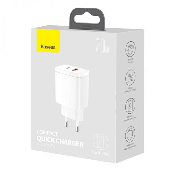 Сетевое зарядное устройство Baseus Compact Quick Charger USB+Type-C 20W Белый (CCXJ-B02) 17031 фото