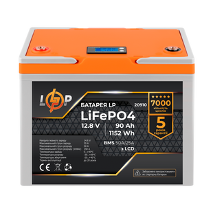 Акумулятор LP LiFePO4 LCD 12V (12,8V) - 90 Ah (1152Wh) (BMS 50A/25A) пластик 20910 фото