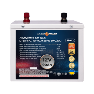 Акумулятор LP LiFePO4 для ДБЖ 12V (12,8V) - 90 Ah (1152Wh) (BMS 50A/25A) металл 18042 фото