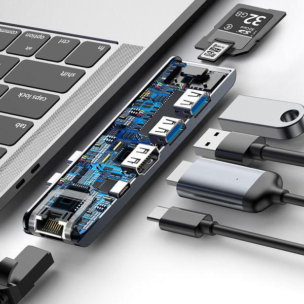 USB Hub Baseus Thunderbolt C Pro Seven-in-one Dual Type-C to USB3.0*2 + HDMI + RJ45 Ethernet + Type-C PD + microSD + SD card Cерый (CAHUB-L0G) 16514 фото