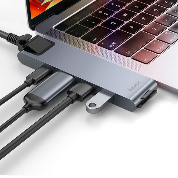 USB Hub Baseus Thunderbolt C Pro Seven-in-one Dual Type-C to USB3.0*2 + HDMI + RJ45 Ethernet + Type-C PD + microSD + SD card Cерый (CAHUB-L0G) 16514 фото