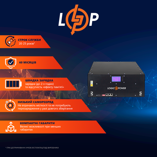 Акумулятор LP LiFePO4 48V (51,2V) - 90 Ah (4608Wh) (Smart BMS 200A) с LCD (LP Bank Energy U90) 17115 фото