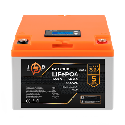 Акумулятор LP LiFePO4 для ДБЖ LCD 12V (12,8V) - 30 Ah (384Wh) (BMS 50A/25А) пластик 20964 фото