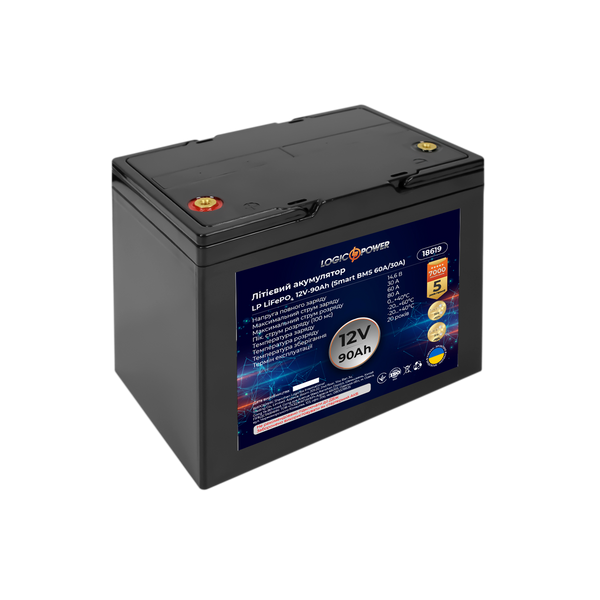 Акумулятор LP LiFePO4 12V (12,8V) - 90 Ah (1152Wh) (Smart BMS 60A/30А) пластик 18619 фото