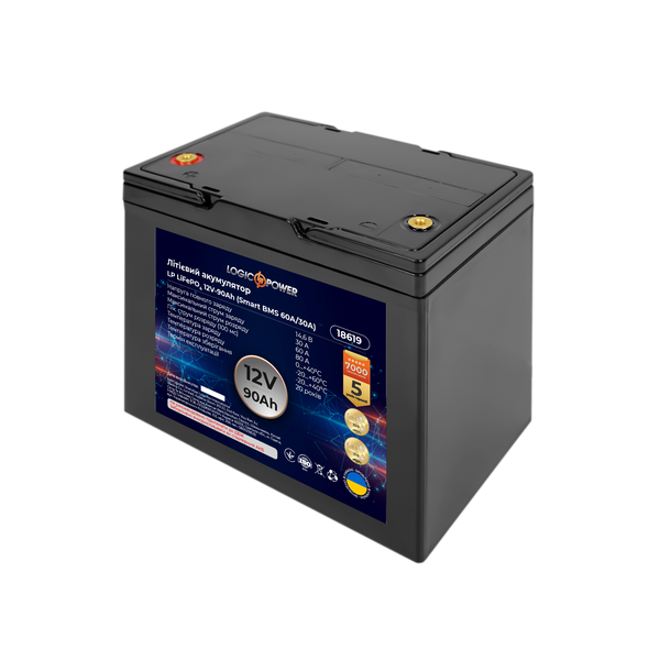 Акумулятор LP LiFePO4 12V (12,8V) - 90 Ah (1152Wh) (Smart BMS 60A/30А) пластик 18619 фото