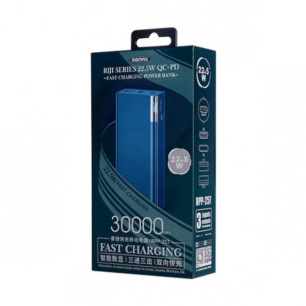 Зовнішній акумулятор Remax Riji 22.5W QC+PD 30000 mAh Синій (RPP-257) 18713 фото