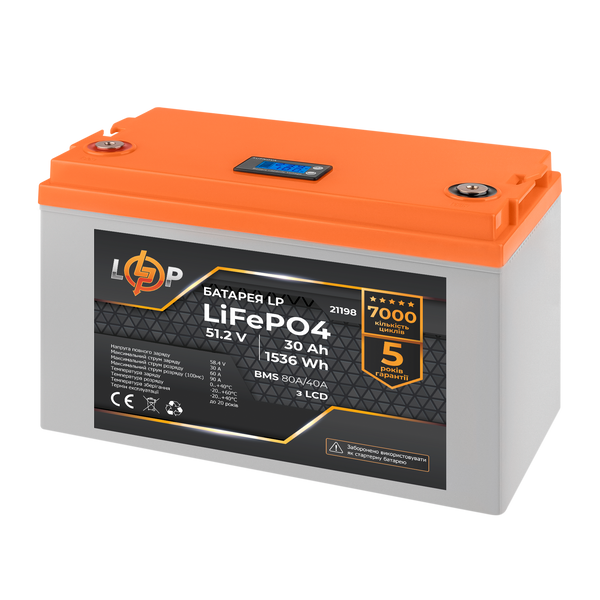 Аккумулятор LP LiFePO4 51,2V - 30 Ah (1536Wh) (BMS 80A/40А) пластик с LCD (21198) 21198 фото