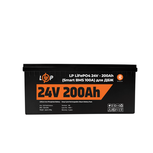 Акумулятор LP LiFePO4 24V (25,6V) - 200 Ah (5120Wh) (Smart BMS 100А) з BT пластик для ДБЖ 20201 фото
