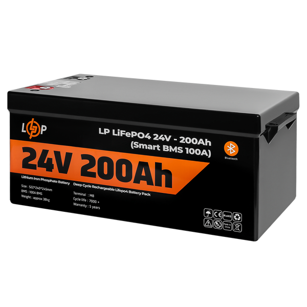 Акумулятор LP LiFePO4 24V (25,6V) - 200 Ah (5120Wh) (Smart BMS 100А) з BT пластик для ДБЖ 20201 фото