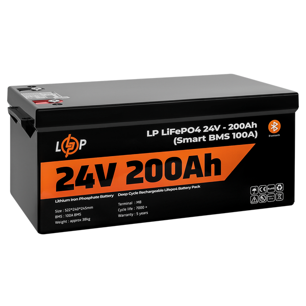 Акумулятор LP LiFePO4 24V (25,6V) - 200 Ah (5120Wh) (Smart BMS 100А) з BT пластик для ДБЖ 20201 фото