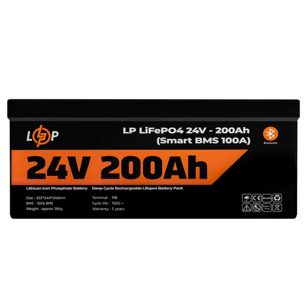 Акумулятор LP LiFePO4 24V (25,6V) - 200 Ah (5120Wh) (Smart BMS 100А) з BT пластик для ДБЖ 20201 фото